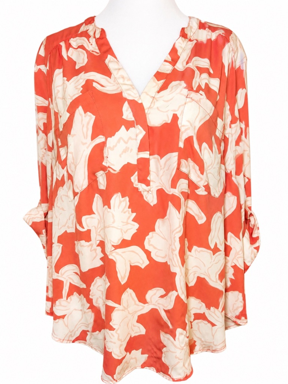 Torrid Harper Coral Floral Blouse Women’s 1X Flowy Roll Tab Top